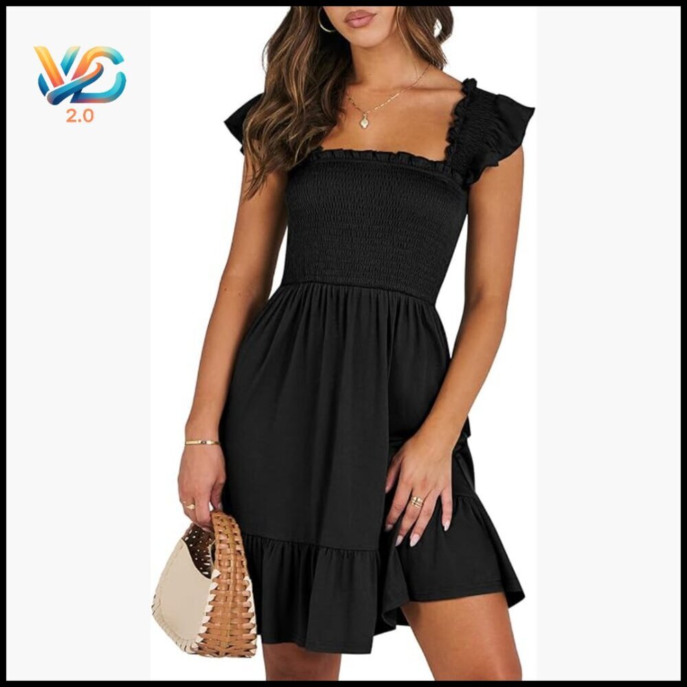Sleeveless Square Neck Backless Mini Dress Smocked Ruffle Boho Beach Sundress